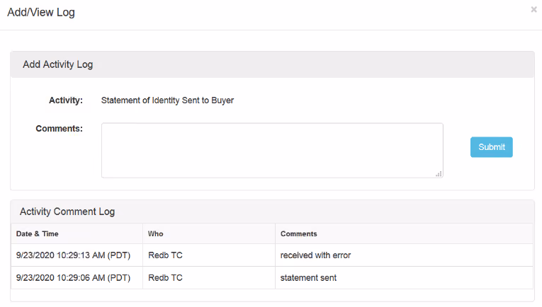 Activity Comments view