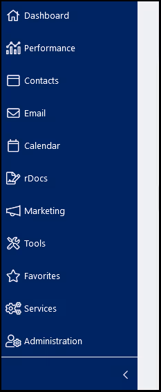 The collapsed and expanded views of the Constellation1 CRM navigation menus, starting with Dashboard and ending with Administration.