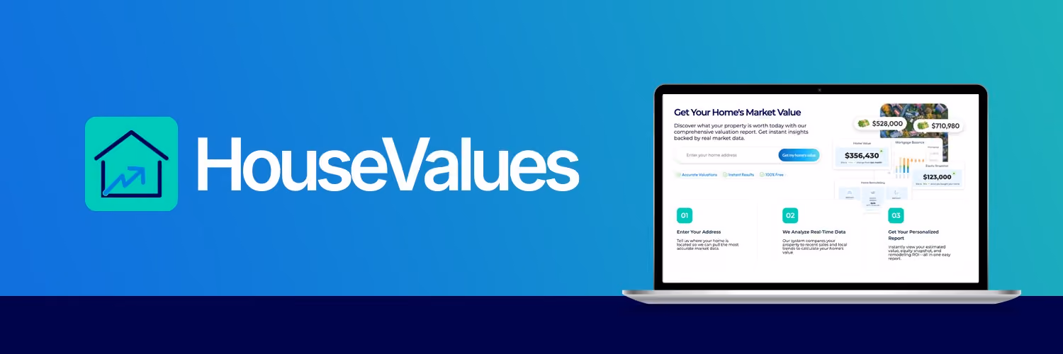 HouseValues logo beside a laptop displaying a home market value report and personalized property insights.