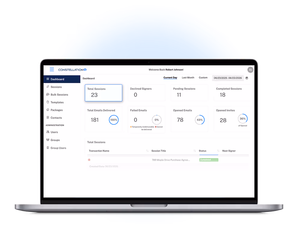Constellation1 eSign dashboard shown on a laptop