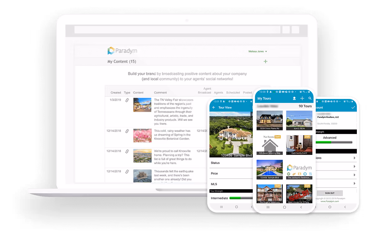 A laptop displaying the Paradym by Constellation1 social media scheduling user interface with three mobile phones in the foreground displaying agents’ active virtual tours.
