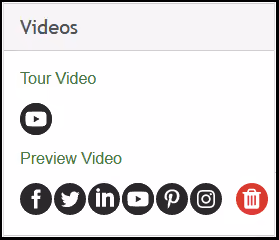 The Video sharing options in Paradym digital marketing suite. Tour Videos can be shared to YouTube, so a black YouTube icon is displayed under that text. Preview Videos can be shared to most major social media networks, so there are six black icons and a red “Trash” button under that text.