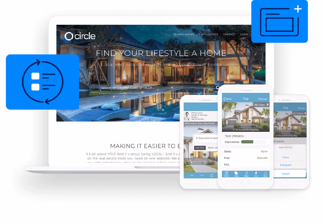 A real estate brokerage website displayed on a laptop overlayed with three smartphones showing mobile listings. There are two overlayed blue boxes illustrating website features.