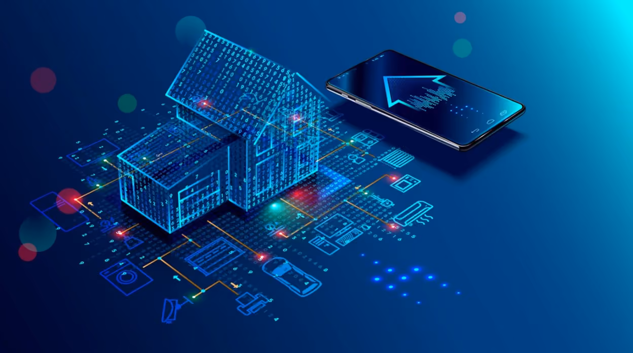 A digital illustration of a circuit board where electric green and blue data are jumping off the circuit board in the shape a house. To the right of the house is a smartphone with an arrow pointing to the top left.
