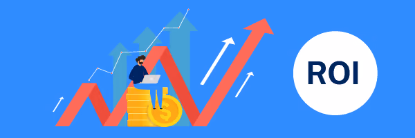 Graphic illustration of a character sitting on money with arrows indicating growth, and a wheel that reads ROI.