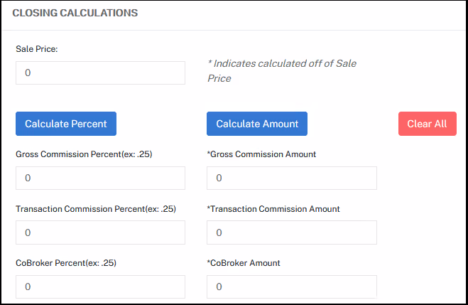 The Closing Calculations section of the Relocation solution showing the new red Clear All button, which helps admins work more quickly and adjust pre-populated calculations easily.