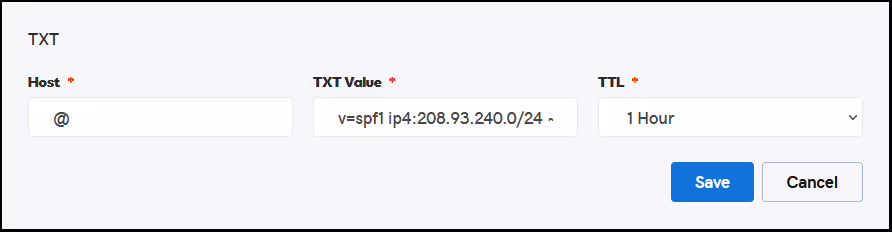 Field for saving a Text file with an SPF record to a web domain that will allow Constellation1 to send emails from that domain on customers’ behalf. There are three fields with values and Save and Cancel buttons at the bottom right.