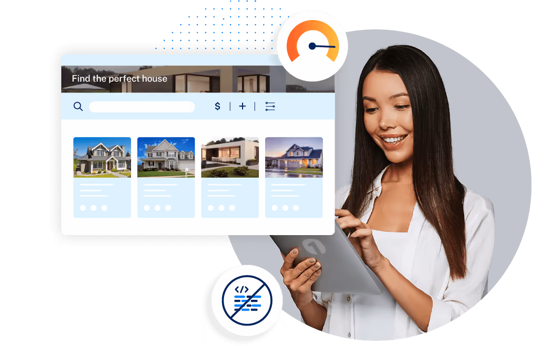 Young woman looks for houses on her cellular device - graphics showing her screen with homes for sale is represented as her phone screen.