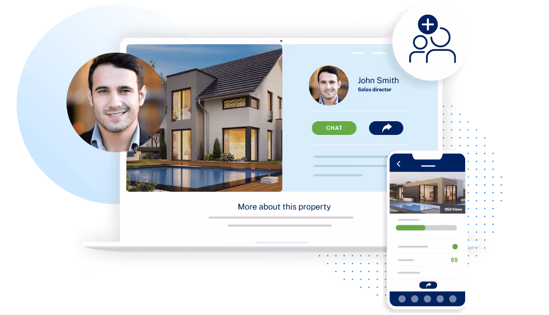 Graphic showing real estate website platform and a happy agent