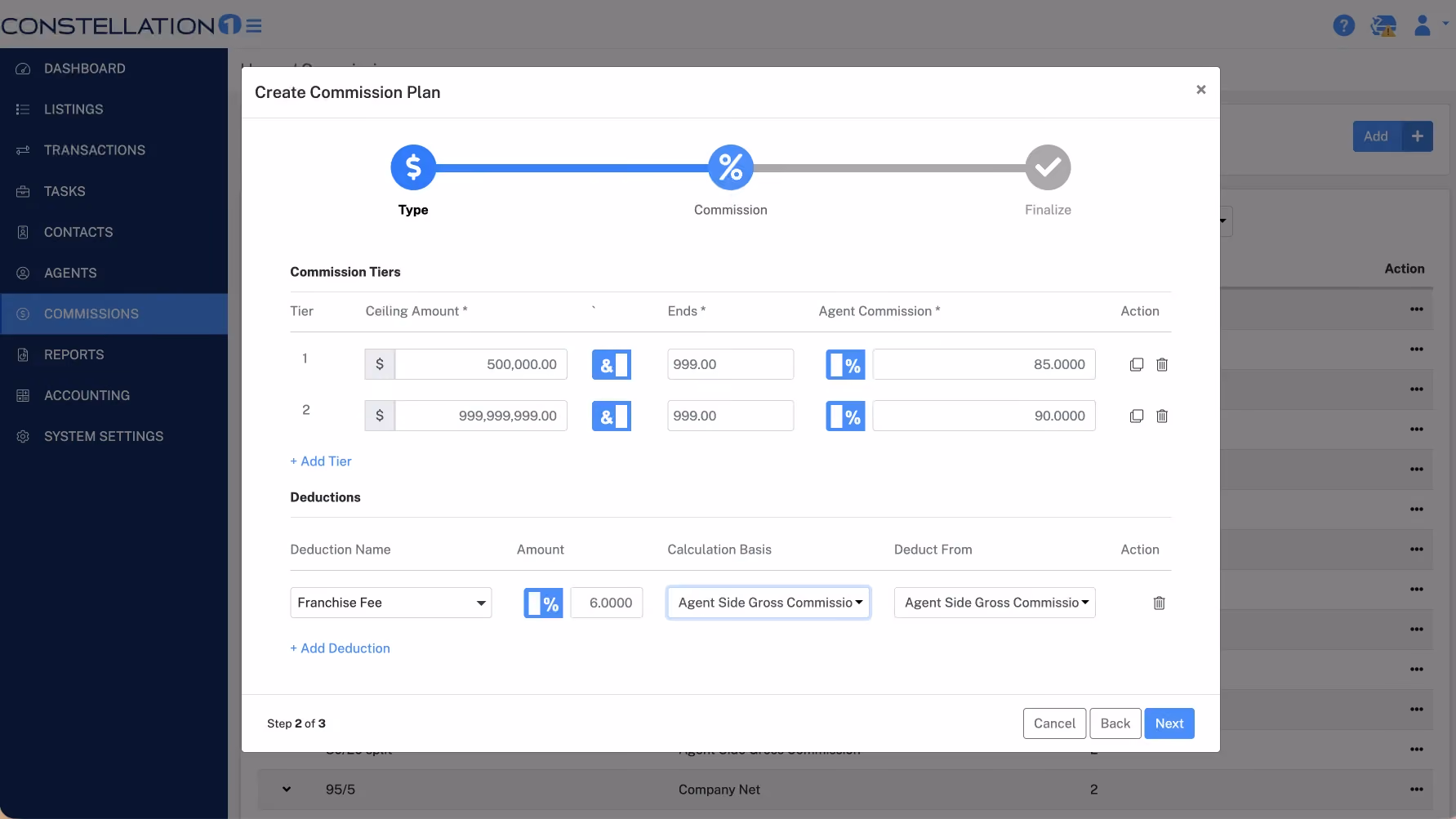 Constellation1 Commissions plan builder with configurable tiers and deductions