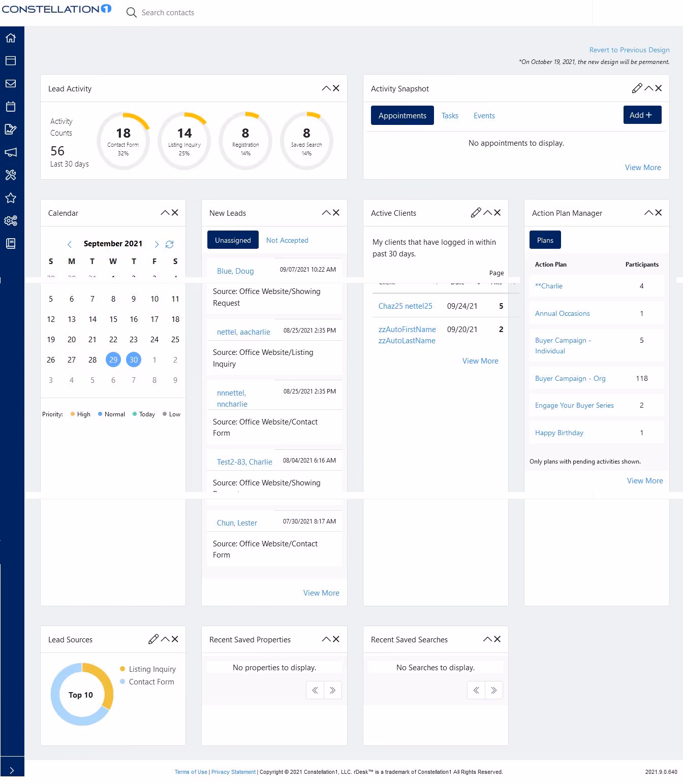 The Constellation CRM dashboard layout, showing various widgets users can customize and rearrange according to their preferences