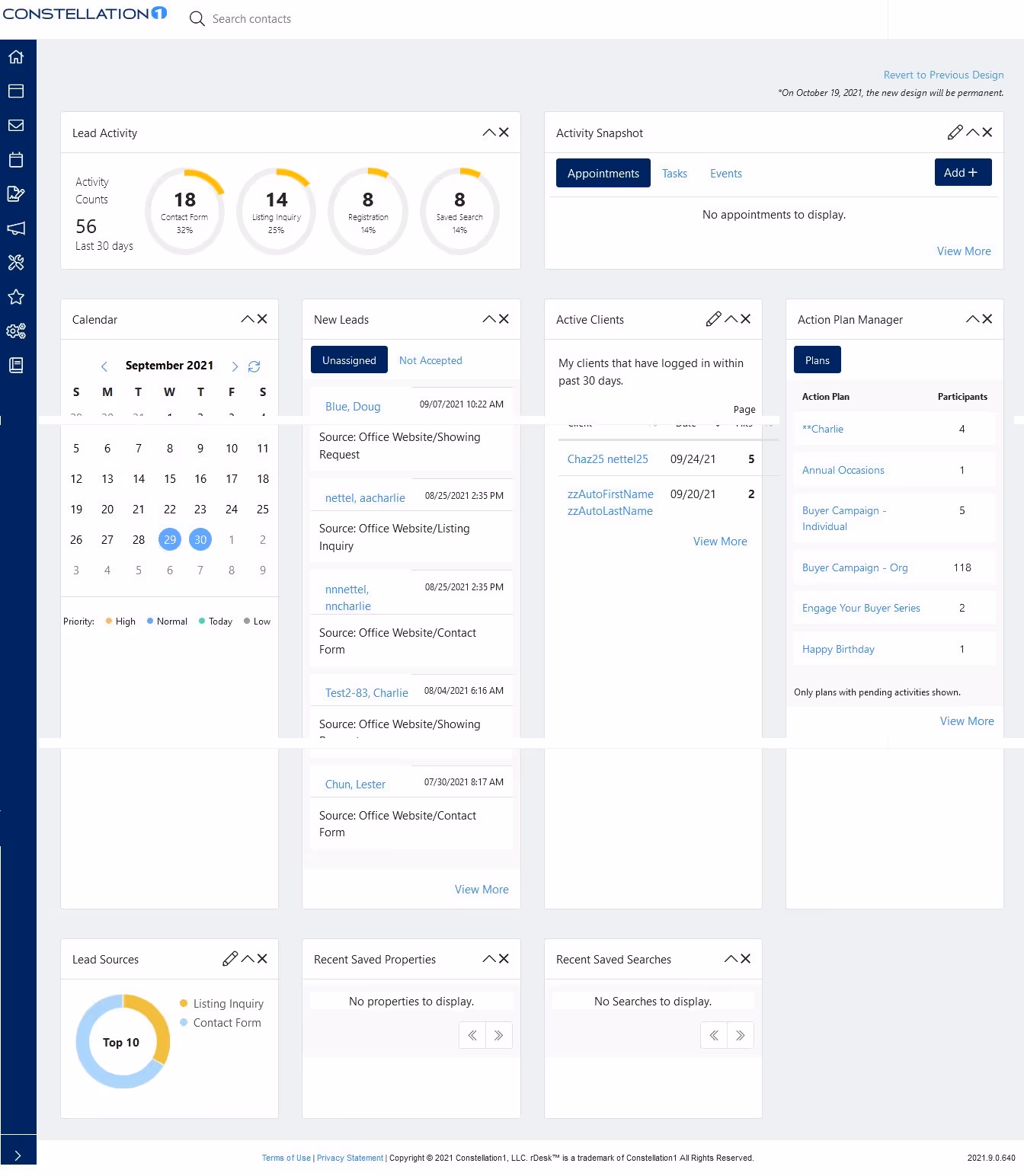 The Constellation CRM dashboard layout, showing various widgets users can customize and rearrange according to their preferences