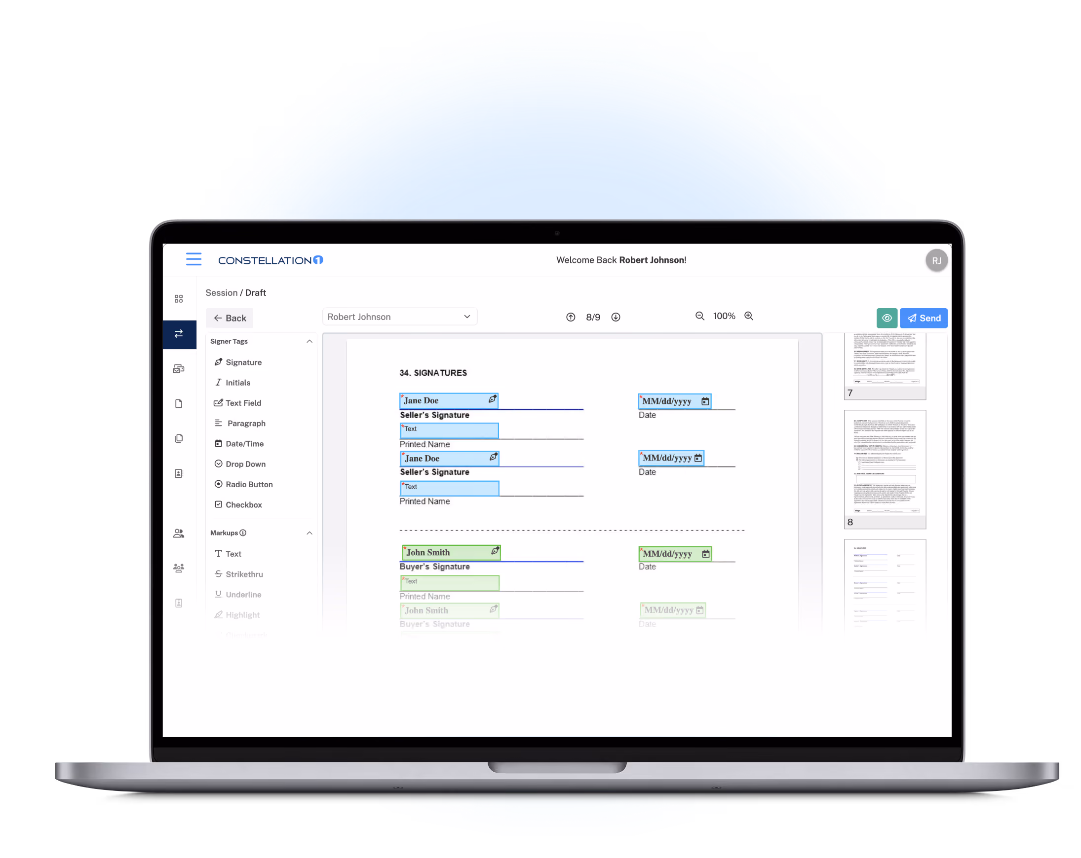 eSign assign and send workflow shown on a laptop