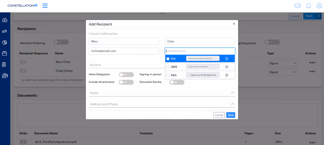 Callout using a red box of the user interface in Constellation1 eSign showing options to Resend, Update Contact, or Update Session/Document.