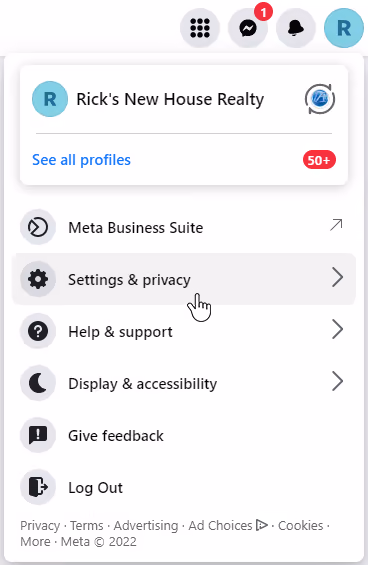 Facebook settings and privacy menu
