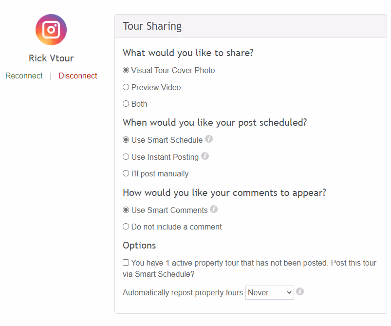 Instagram sharing options in Paradym