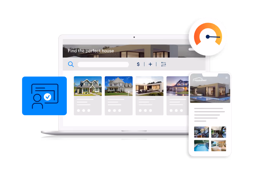 Laptop and smartphone displaying property search results with account verification and performance gauge icons.