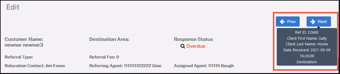 The Client Record section of Constellation1 Relocation with a red callout over the newly added Previous and Next buttons with an example of the bubble showing the Next client record you can navigate to.