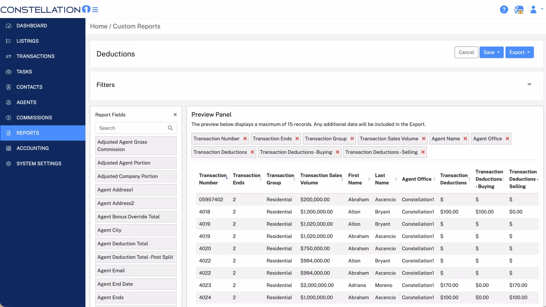 Custom reporting interface in Constellation1 Commissions