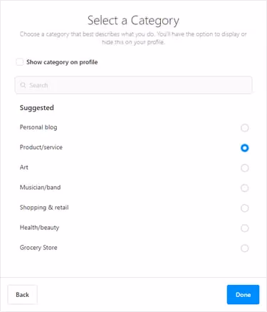 Select an Instagram business category