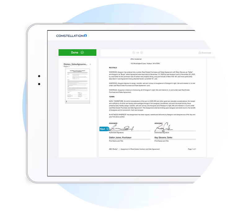 Constellation1 eSign signing review screen with completed signature fields