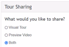 Tour Sharing settings where agents and brokers can decide what types of video content they want to share: Visual Tours, Preview Videos, or both (the radio button for “Both” is selected).