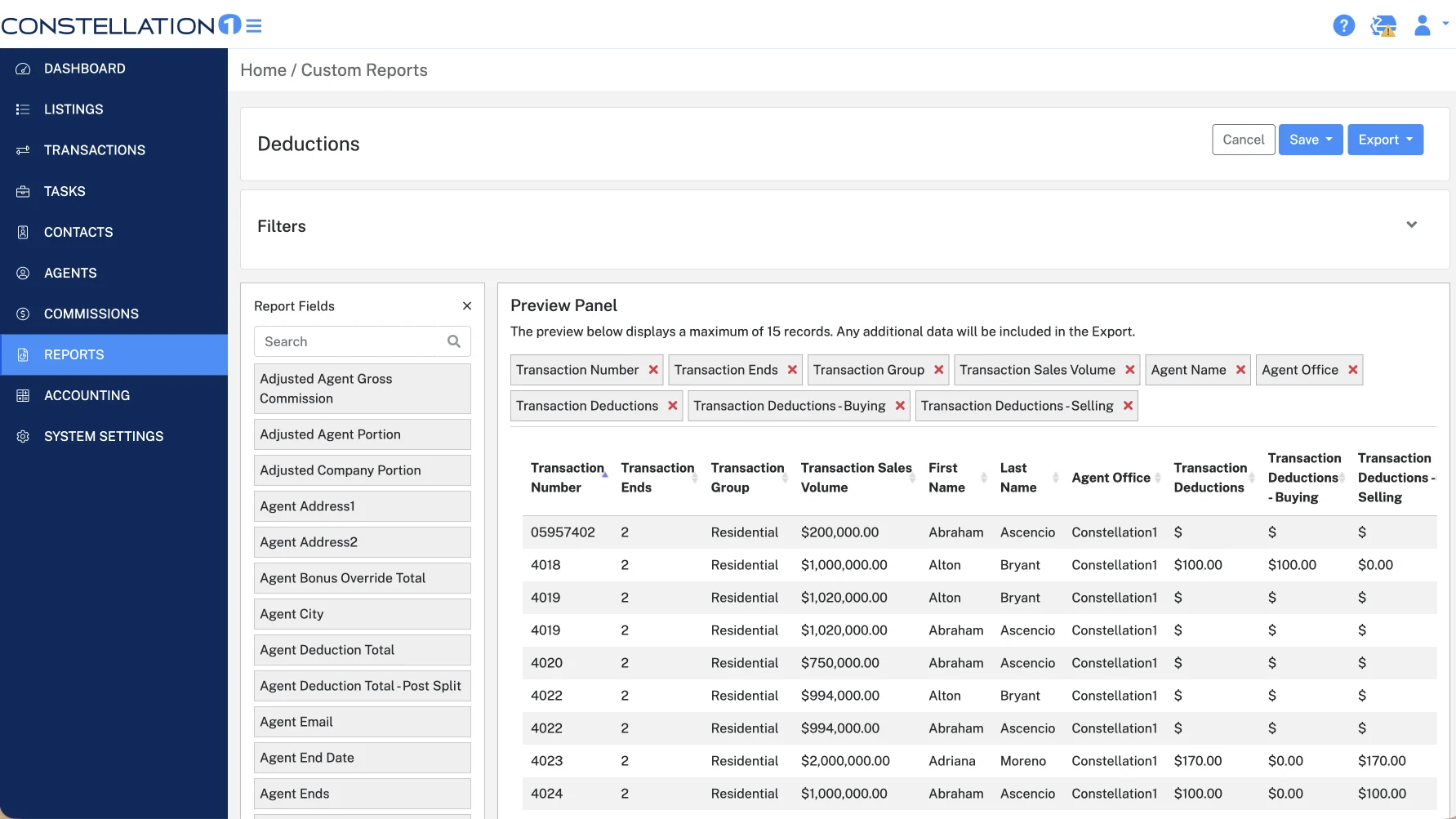 Custom reporting interface in Constellation1 Commissions