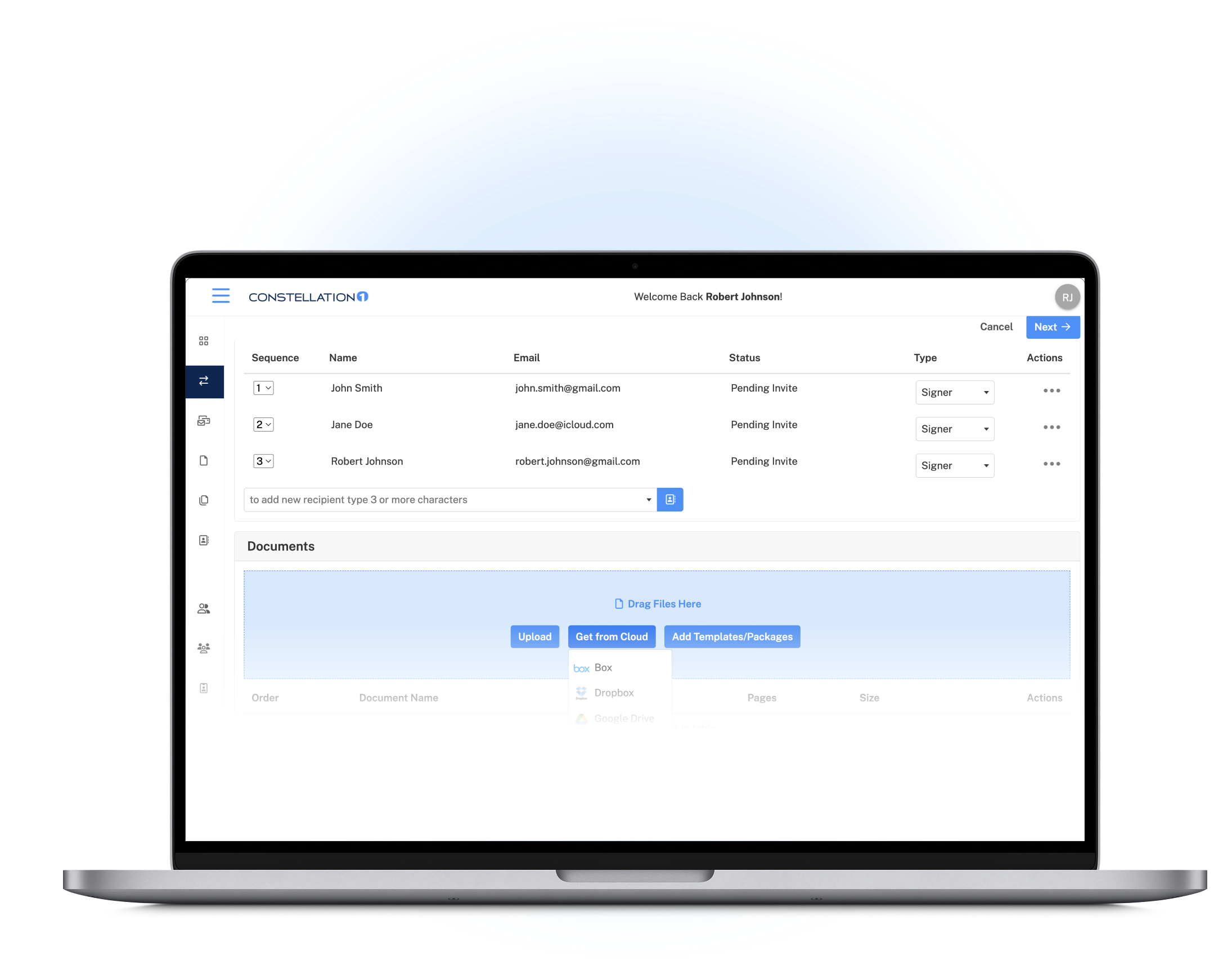 eSign upload and prepare document dashboard shown on a laptop
