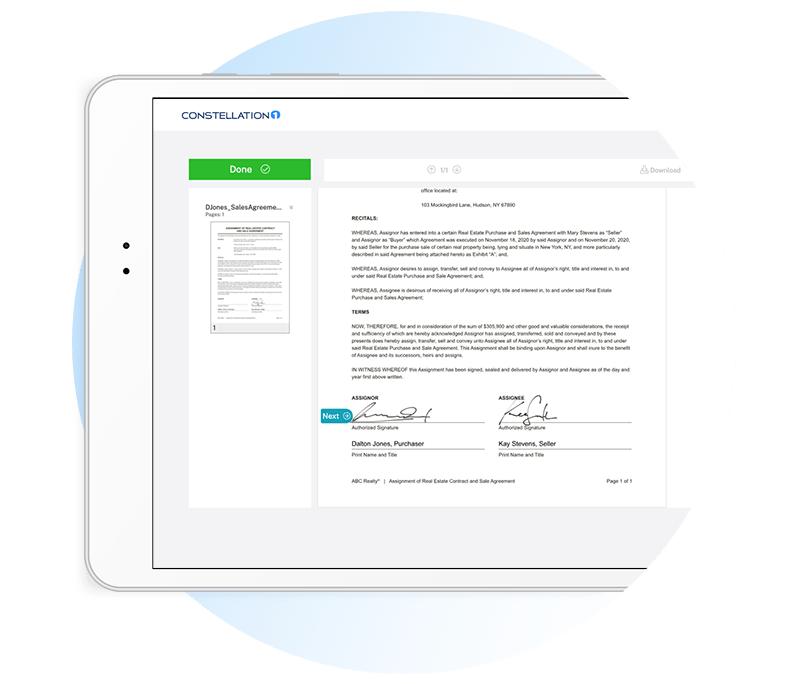 Constellation1 eSign signing review screen with completed signature fields